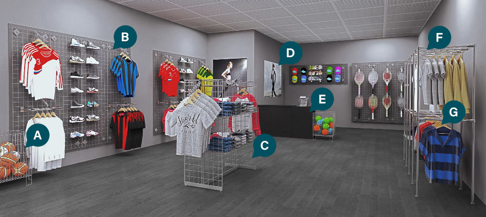 Sports shop CGI image showing labelled recommended products