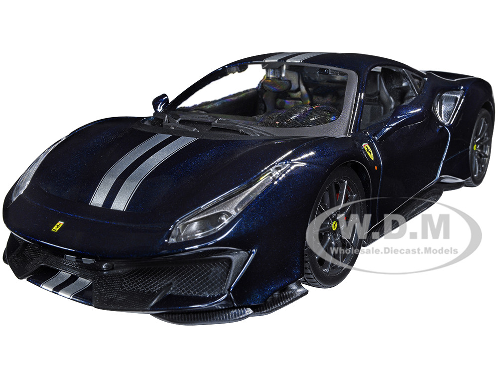 Ferrari 488 Pista Dark Blue Metallic Silver Stripes 1/24 Diecast