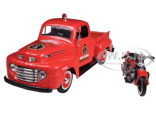 1948 Ford F-1 Pickup Truck Harley Davidson Fire With 1936 El Knucklehead Harley Davidson Motorcycle 1/24 Diecast Model Maisto 32191