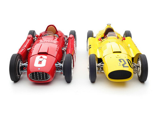 Bundle 2 Cars 1956 Ferrari D50 #20 Andre Pilette 6th Place Grand Prix Belgium Yellow 1955 Ferrari Lancia D50 #6 Alberto Ascari Winner Grand Prix Turin Italy Red Limited Edition 1000 pieces Worldwide 1/18 Diecast Model Cars CMC 184