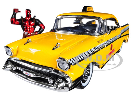 1957 Chevrolet Bel Air Taxi Yellow Deadpool Diecast Figure Marvel Series 1/24 Diecast Model Car Jada 30290