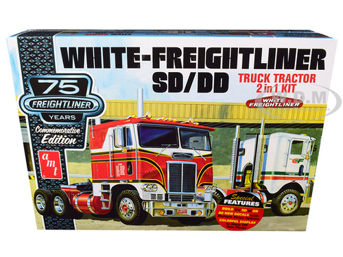 Skill 3 Model Kit White Freightliner SD/DD Truck Tractor 2 in 1 Kit Display Base 75th Freightliner Anniversary Commemorative Edition 1/25 Scale Model AMT AMT1046