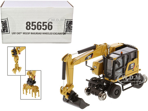 CAT Caterpillar M323F Railroad Wheeled Excavator 3 Accessories CAT Yellow Version High Line Series 1/87 HO Diecast Model Diecast Masters 85656
