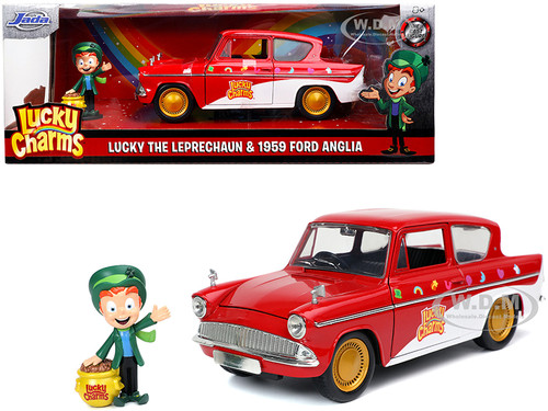 1959 Ford Anglia Red White Lucky the Leprechaun Diecast Figurine Lucky Charms 1/24 Diecast Model Car Jada 32200