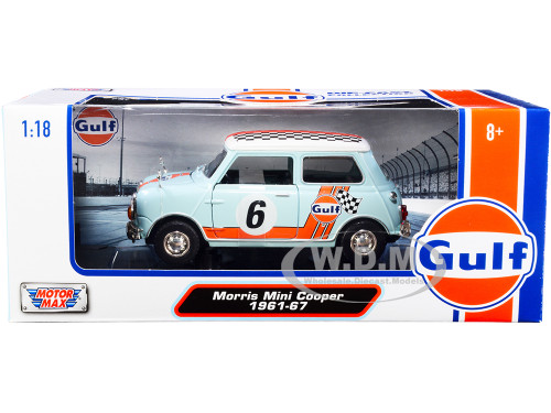 1961-1967 Morris Mini Cooper RHD Right Hand Drive #6 Gulf Oil Light Blue Orange Stripes Checkered Top City Classics Series 1/18 Diecast Model Car Motormax 79743