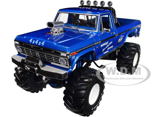 1974 Ford F-250 Ranger XLT Monster Truck 48-Inch Tires Blue Metallic Midwest Four Wheel Drive Center Kings of Crunch Series 1/18 Diecast Model Car Greenlight 13605