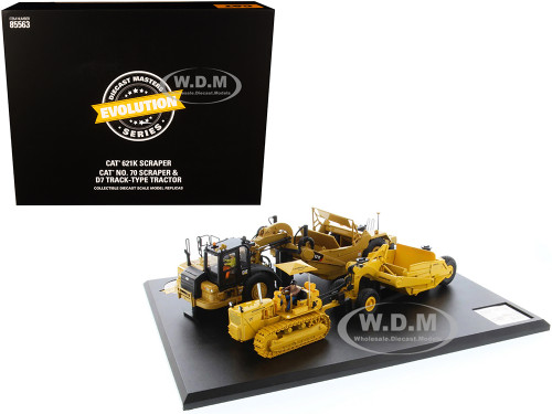 CAT Caterpillar 621K Tractor Scraper CAT Caterpillar D7 Track-Type Tractor No. 70 Scraper Set Evolution Series 1/50 Diecast Models Diecast Masters 85563