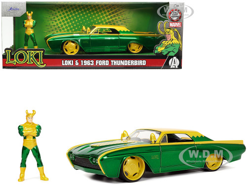 1963 Ford Thunderbird Green Yellow Metallic Hood Graphics Loki Diecast Figure Loki Marvel Series 1/24 Diecast Model Car Jada 33357