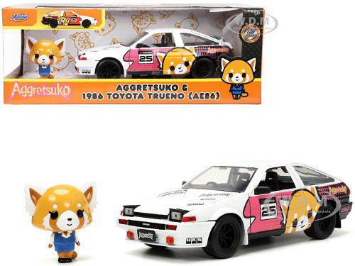 1986 Toyota Trueno AE86 RHD Right Hand Drive #25 White Graphics Aggretsuko Diecast Figure Aggretsuko Anime Hollywood Rides Series 1/24 Diecast Model Car by Jada 33725
