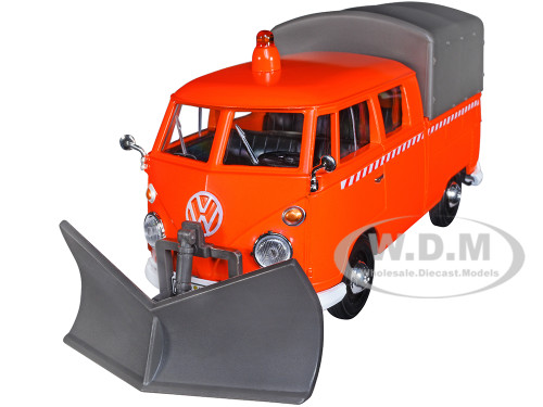 Volkswagen Type 2 T1 Pickup Truck Orange Snow Plow Camper Shell 1/24 Diecast Model Car Motormax 79593
