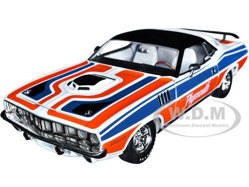 1971 Plymouth Barracuda 440 Pearl White Blue Red Stripes Black Top Limited Edition 6550 pieces Worldwide 1/24 Diecast Model Car M2 Machines 40300-96A