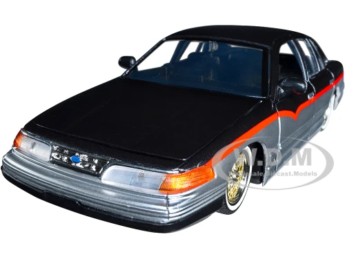 1993-1997 Ford Crown Victoria Lowrider Black Metallic Silver Red Stripes Get Low Series 1/24 Diecast Model Car Motormax 79024