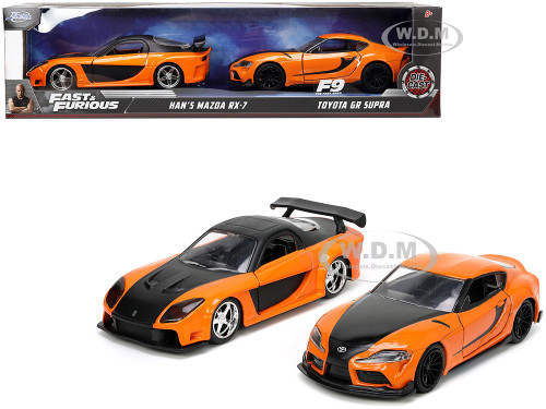 Han's Mazda RX-7 Orange Metallic Matt Black Toyota GR Supra Orange Metallic Black Hood Set 2 pieces Fast & Furious Series 1/32 Diecast Model Cars Jada 32910