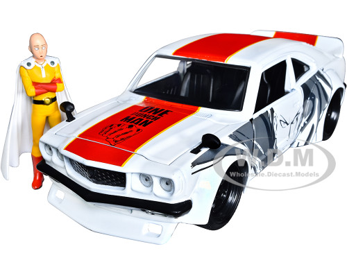 1974 Mazda RX-3 White Red Stripe Graphics Saitama Diecast Figure One Punch Man 2015-2019 TV Series 1/24 Diecast Model Car Jada 33688
