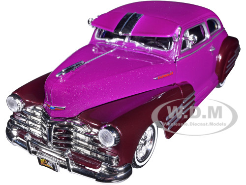 1948 Chevrolet Aerosedan Fleetside Lowrider Purple Metallic Dark Purple Metallic Two-Tone Get Low Series 1/24 Diecast Model Car Motormax 79027