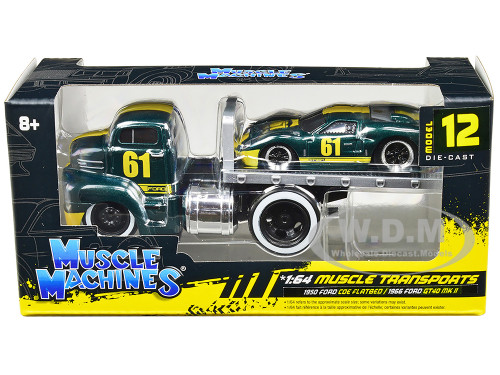 1950 Ford COE Flatbed Truck #61 1966 Ford GT40 MK II #61 Green Metallic Yellow Stripes Muscle Transports Series 1/64 Diecast Models Muscle Machines 11547