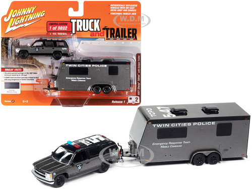 1997 Chevrolet Tahoe SWAT Custom Gray Metallic Black Twin Cities Police Camper Trailer Limited Edition 9892 pieces Worldwide Truck and Trailer Series 1/64 Diecast Model Car Johnny Lightning JLBT016-JLSP300A