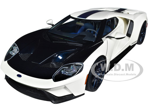 Ford GT Heritage Edition Prototype Wimbledon White Antimatter Blue Hood Stripe 1/18 Model Car Autoart 72926