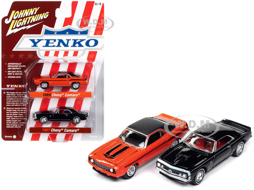 1969 Chevrolet Camaro Hugger Orange with Black Top and Stripes and 1967 Chevrolet Camaro Black with White Stripe and Red Interior Yenko Series Set of 2 Cars 1/64 Diecast Model Cars Johnny Lightning JLPK019-JLSP276B