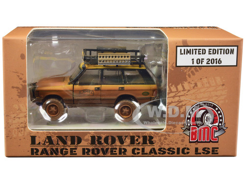 Land Rover Range Rover Classic LSE RHD Right Hand Drive Camel Trophy Yellow Dirty Mud Version with Roof Rack Extra Wheels and Accessories Limited Edition to 2016 pieces Worldwide 1/64 Diecast Model Car BM Creations 64B0283