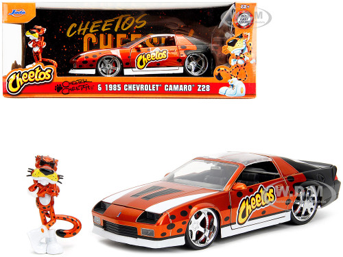 1985 Chevrolet Camaro Z 28 Orange Metallic with Graphics and Chester Cheetah Diecast Figure Cheetos Hollywood Rides Series 1/24 Diecast Model Car Jada 34384