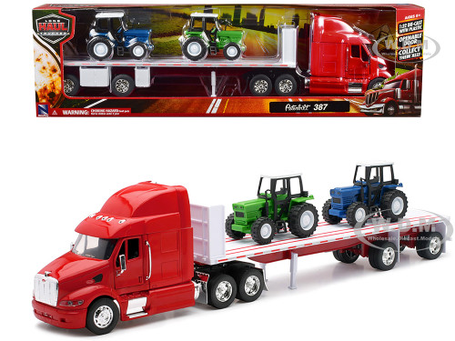 Peterbilt 387 Flatbed Truck Red with 2 Farm Tractors Blue and Green Long Haul Trucker Series 1/32 Diecast Model New Ray 10283A