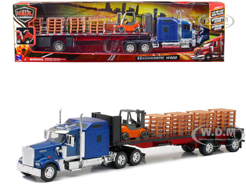Kenworth W900 Truck with Flatbed Trailer Blue Metallic with Farm