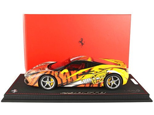 Ferrari 488 GTB IPE Exhaust Giallo Modena Yellow with Tiger Graphics with DISPLAY CASE Limited Edition to 100 pieces Worldwide 1/18 Model Car BBR P18221