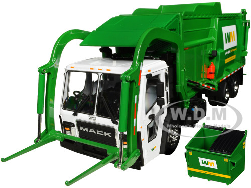 Mack LR Waste Management Refuse Garbage Truck with McNeilus Meridian Front Loader White and Green with Trash Bin 1/34 Diecast Model First Gear FG10-4292D