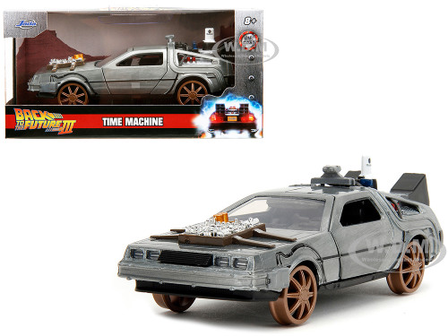 DeLorean DMC Time Machine Brushed Metal Train Wheel Version Back to the Future Part III 1990 Movie Hollywood Rides Series 1/32 Diecast Model Car Jada 34786