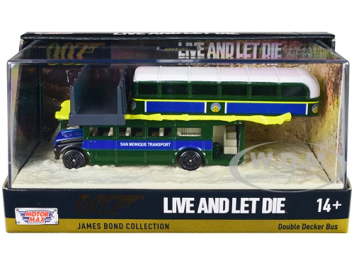 Double Decker Bus San Monique Transport Hitting Bridge Scene James Bond 007 Live and Let Die 1973 Movie with Display James Bond Collection Series Diecast Model Motormax 79825JB