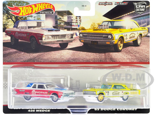 1963 Plymouth Belvedere 426 Wedge MOPAR White and Red with Blue Top and 1965 Dodge Coronet Eastbound and Crowned Yellow and White Car Culture Set of 2 Cars Diecast Model Cars Hot Wheels HKF56