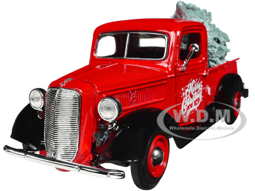 1937 Ford Pickup Truck Red and Black Merry Christmas with Tree Accessory 1/24 Diecast Model Car Motormax 73233RBIXMT