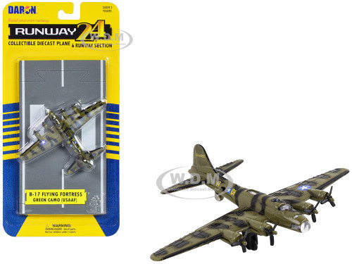 Boeing B 17 Flying Fortress Bomber Aircraft Olive Green Camouflage United States Army Air Force with Runway Section Diecast Model Airplane Runway24 RW030