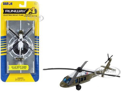 Sikorsky VH 60 White Hawk Helicopter Olive Drab with White Top United States Presidential Helicopter Marine One with Runway Section Diecast Model Runway24 RW235