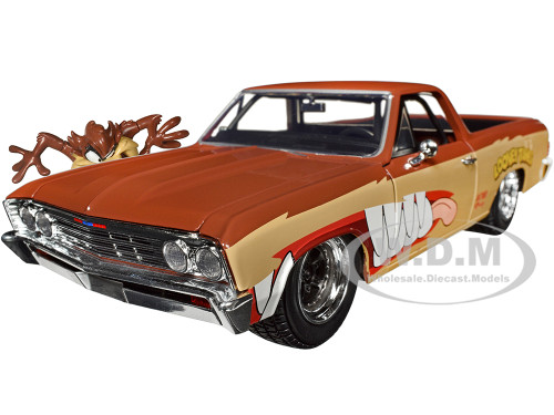 1967 Chevrolet El Camino Brown and Beige with Graphics and Tasmanian Devil Taz Diecast Figure Looney Tunes Hollywood Rides Series 1/24 Diecast Model Car Jada JA35130