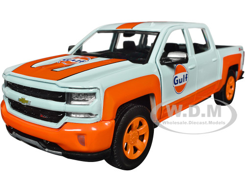 2017 Chevrolet Silverado 1500 LT Z71 Crew Cab Pickup Truck Light Blue with Orange Stripes Gulf Oil Gulf Die Cast Collection 1/27 Diecast Model Car Motormax 79666GULF