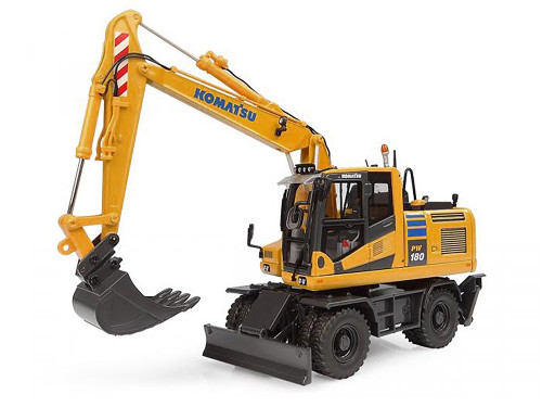 Komatsu PW180 11 Excavator Yellow with Standard Bucket and Hydraulic Breaker 1/50 Diecast Model Universal Hobbies UH8163