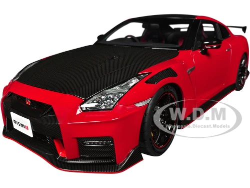 2022 Nissan GT R R35 Nismo Special Edition RHD Right Hand Drive Vibrant Red with Carbon Hood Top 1/18 Model Car Autoart AA77502