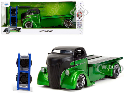 1947 Ford COE Flatbed Truck Green Metallic and Matt Black Toyo Tires with Extra Wheels Just Trucks Series 1/24 Diecast Model Car Jada 35043