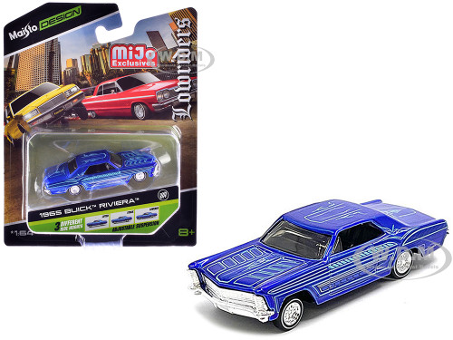 1965 Buick Riviera Candy Blue with Graphics Lowriders Maisto Design Series 1/64 Diecast Model Car Maisto 15494-23D