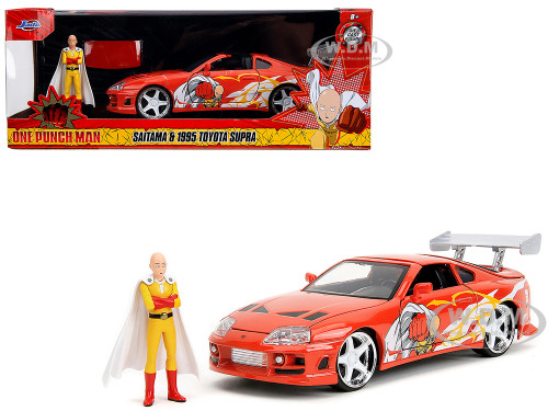 1995 Toyota Supra Red with Graphics and Saitama Diecast Figure One Punch Man 2015 2019 TV Series 1/24 Diecast Model Jada 35347