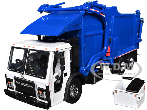 Mack LR Refuse Garbage Truck with McNeilus Meridian Front Loader White and Blue with Trash Bin 1/64 Diecast Model DCP/First Gear 60-1797