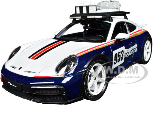 Porsche 911 Dakar #953 Roughroads Porsche Blue and White with Stripes and Roof Rack Race Series 1/24 Diecast Model Car Bburago 28029