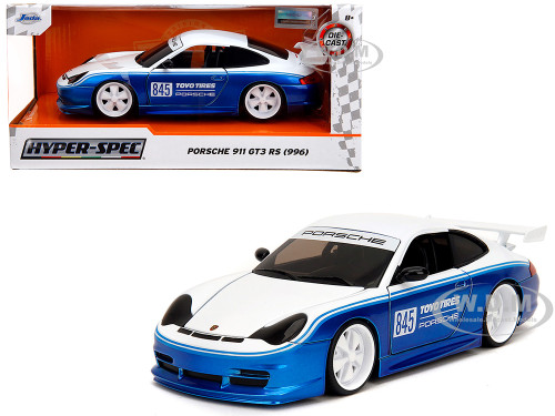 Porsche 911 GT3 RS 996 #845 White and Blue Metallic Toyo Tires Hyper Spec Series 1/24 Diecast Model Car Jada 35492