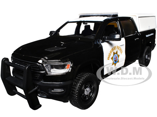 2019 RAM 1500 Laramine Crew Cab Pickup Truck California Highway Patrol Black and White with Truck Bed Camper Law Enforcement and Public Service Series 1/27 Diecast Model Car Motormax 76997