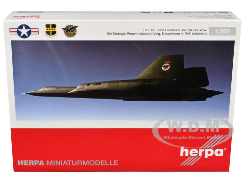Lockheed SR 71A Blackbird Stealth Aircraft 9th Strategic Reconnaissance Wing Detachment 4 RAF Mildenhall United States Air Force 1/200 Diecast Model Airplane Herpa HE573283