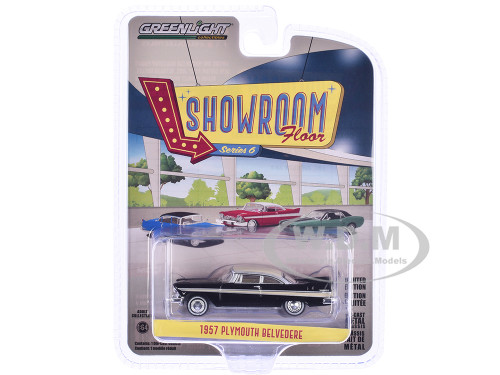 1957 Plymouth Belvedere Jet Black with Sand Dune White Top and Stripes Showroom Floor Series 6 1/64 Diecast Model Car Greenlight 68060A