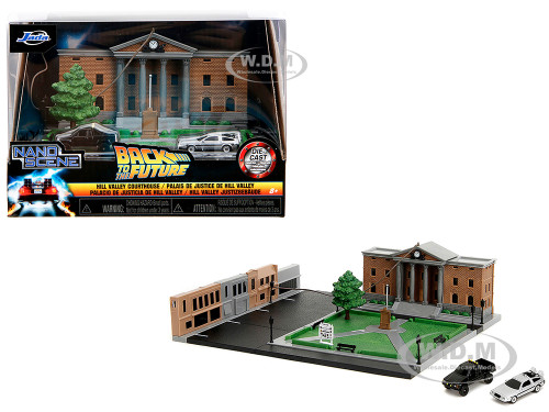 Hill Valley Courthouse Diorama with Black Pickup Truck and Delorean Back to the Future 1985 Movie Nano Scene Series Model Jada 34804