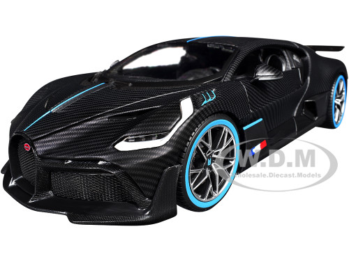 Bugatti Divo Carbon Fiber with Blue Accents Carbon Series Bburago 50th Anniversary 1/18 Diecast Model Car Bburago BB11101